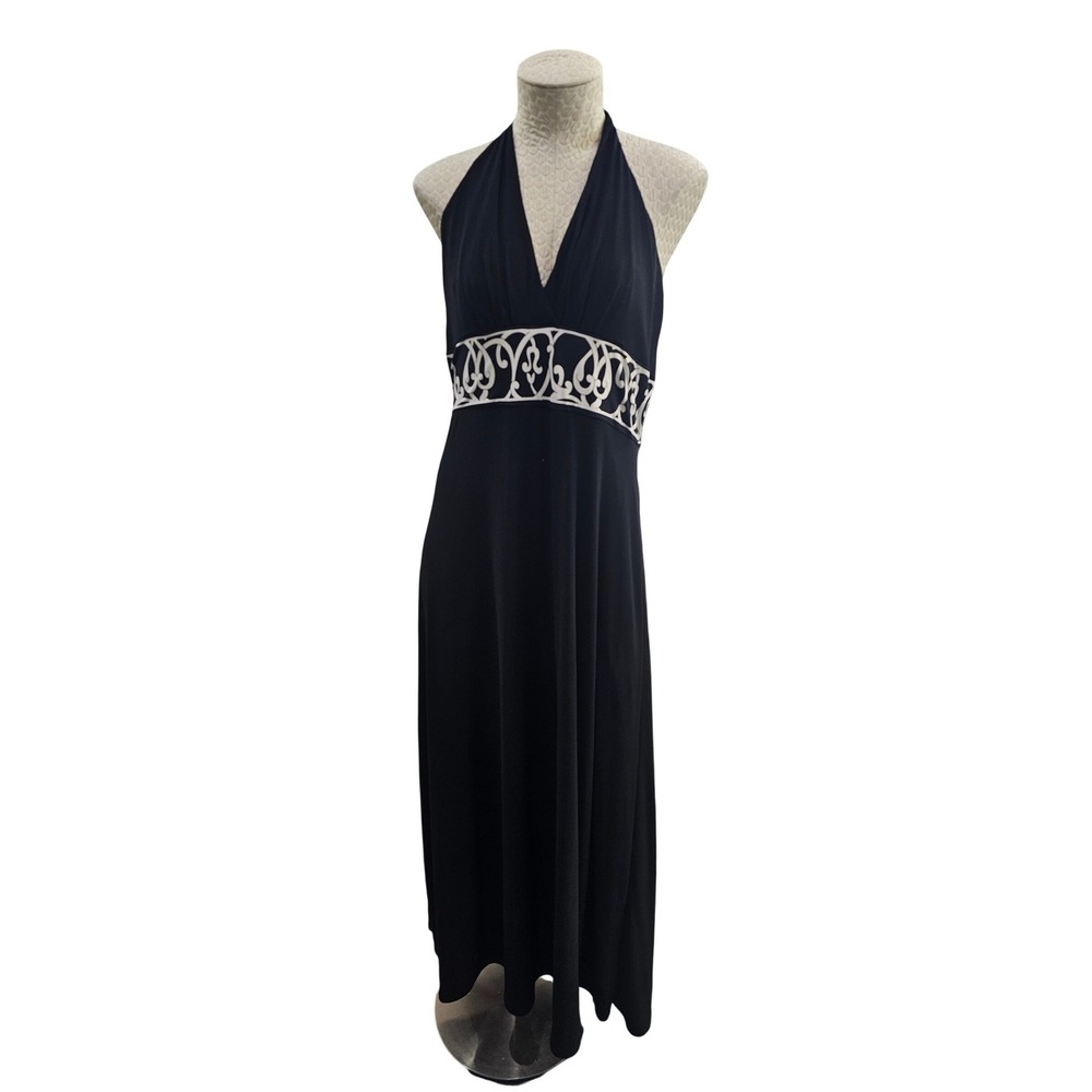White House Black Market Halter Maxi Dress Womens L Black Scroll Empire Waist